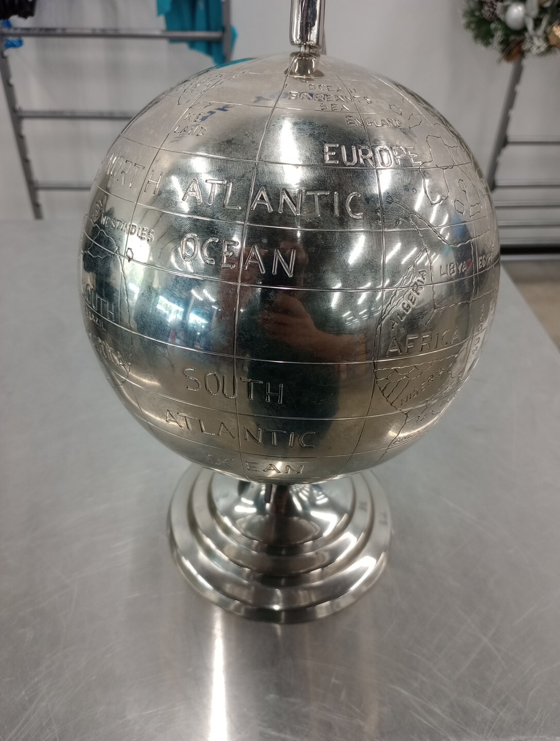 Vtg Silver Metal Chrome 13" World Globe Map Rotating Heavy Desktop Decor