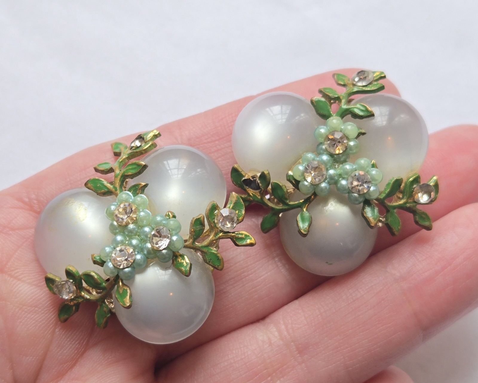 Vintage Clip-On Earrings 3 Moonglow Stones 3 Blue Flowers Leaves & Rhinestones