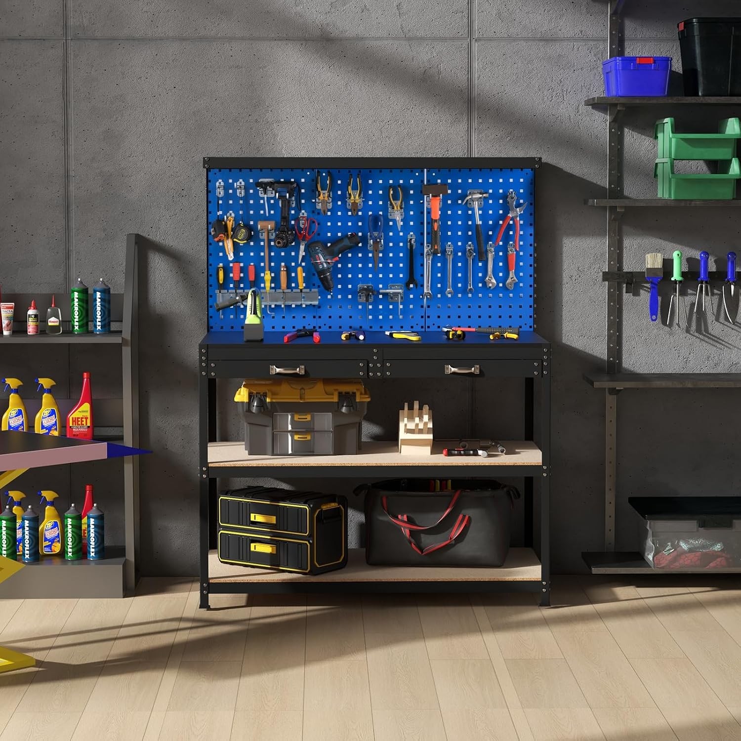 Workbench with Pegboard 48" x 24" Work Table with Drawers Open Shelves