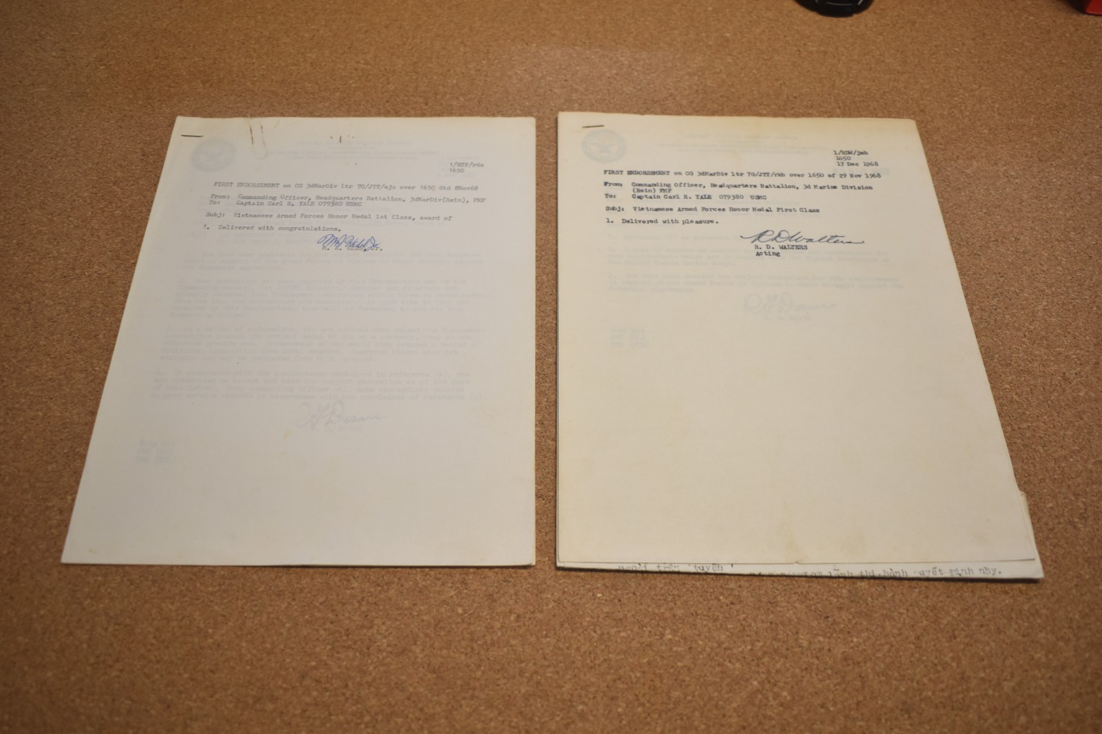 Vietnam War US Marine Corps Advisor Armed Forces Honor Medal Certificates