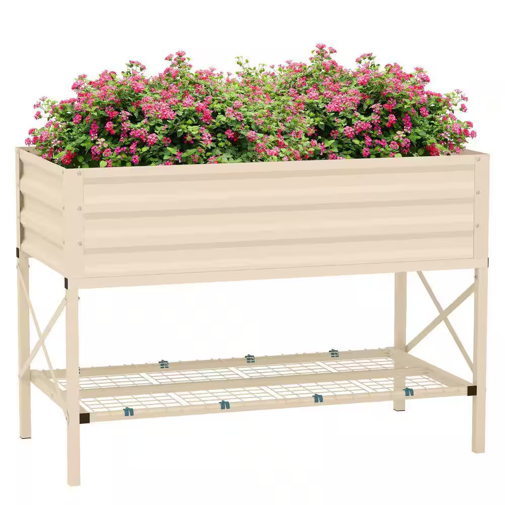 Raised Garden Bed with Galvanized Steel Frame, Storage Shelf and Bed Liner, Elev