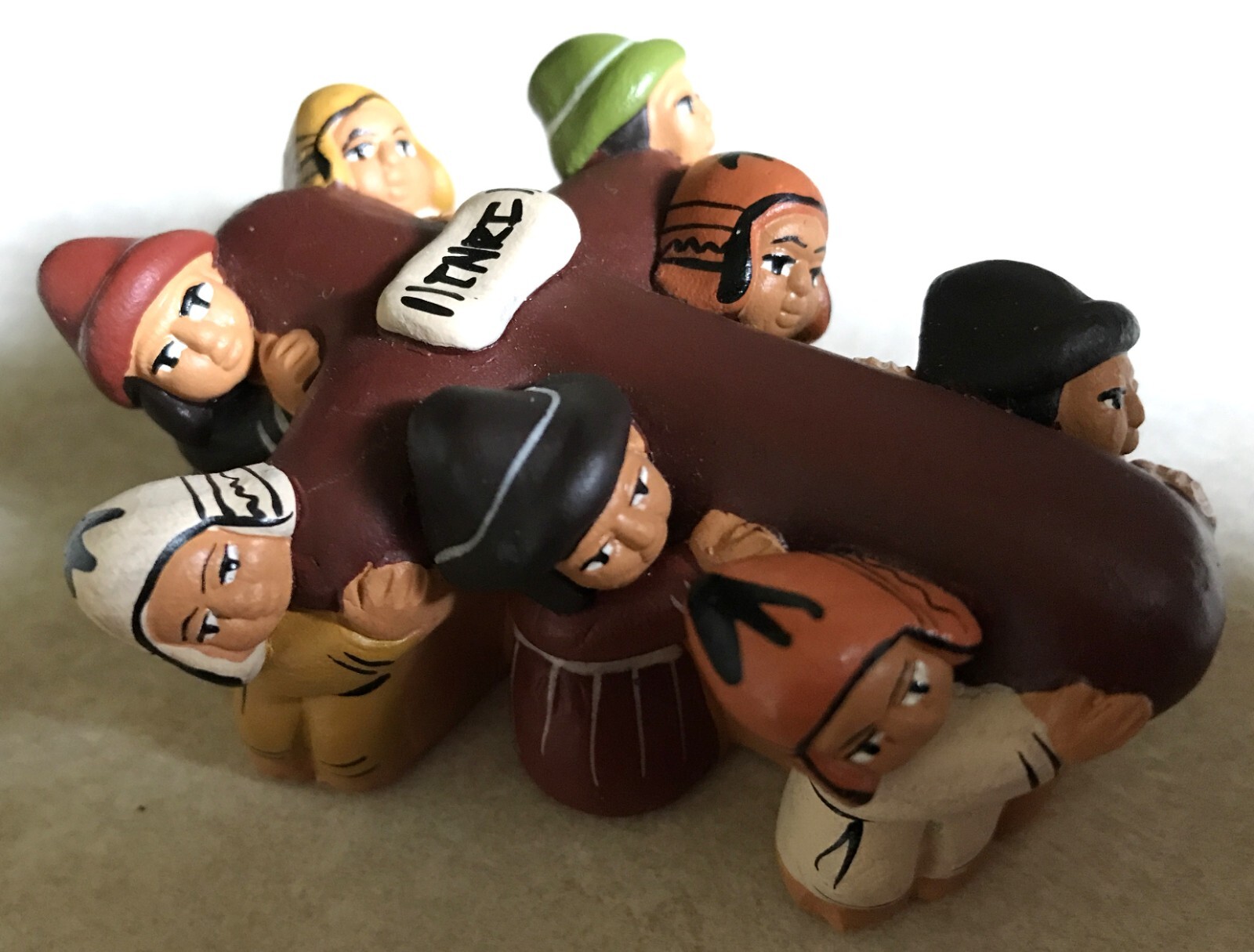 Peru Clay Figures Carrying Crucifix Cross Ethnic Handmade Religious Folk Art