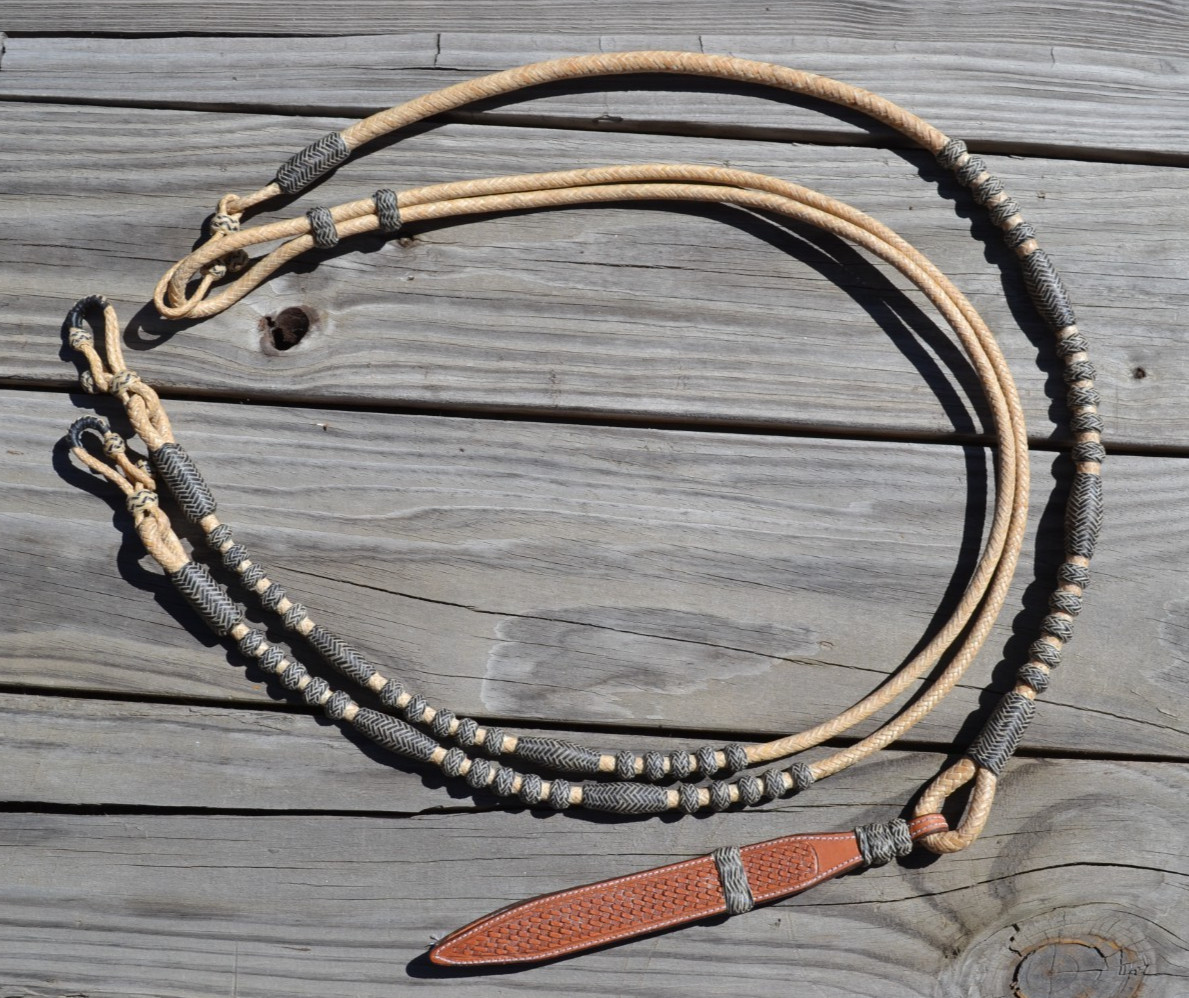 Jose Ortiz 12 plait Natural/Black Bevel Rawhide Romel Reins - Oklahoma  54"/108"