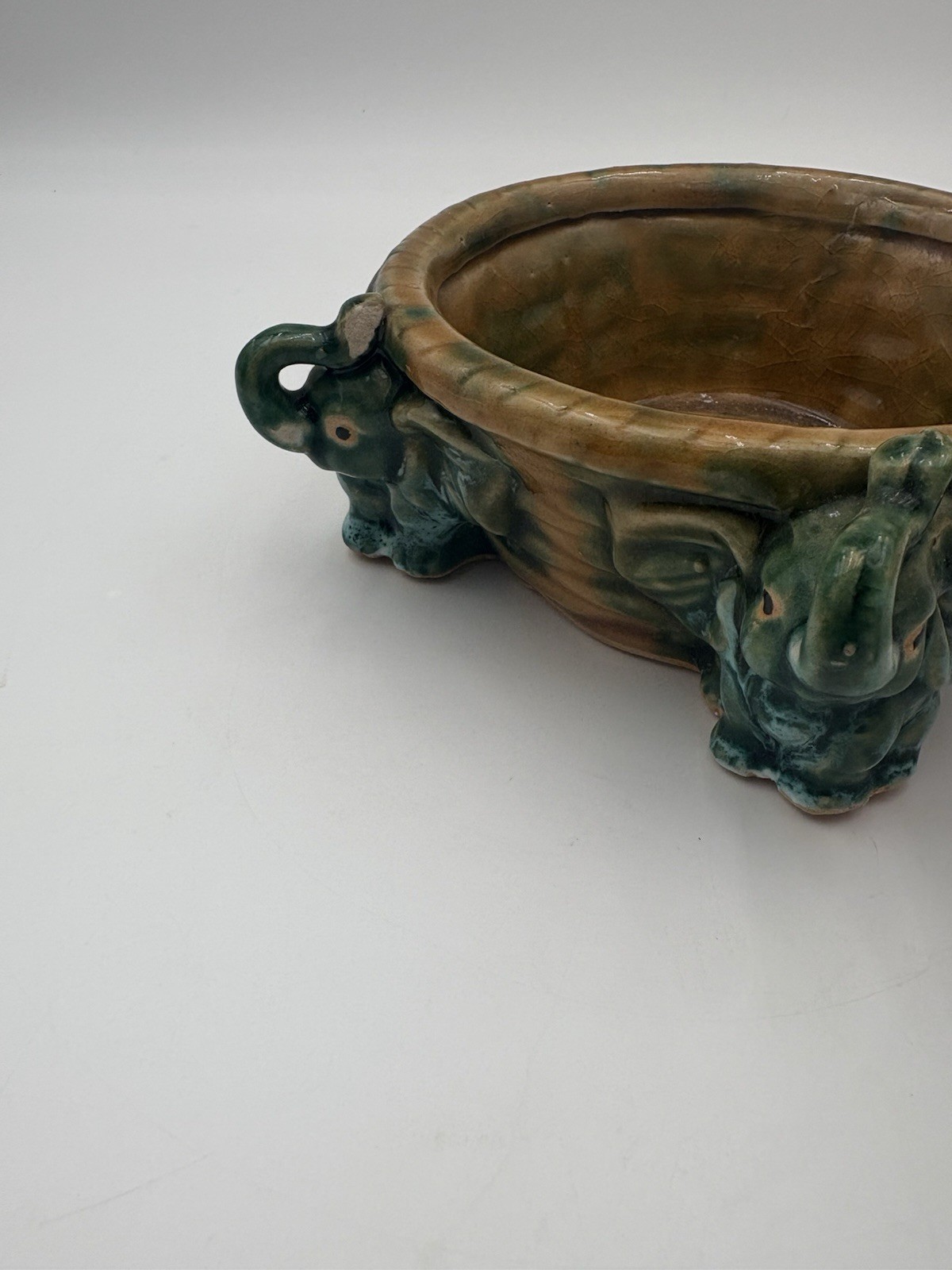 Majolica Style Ceramic Trunks Up Elephant Planter