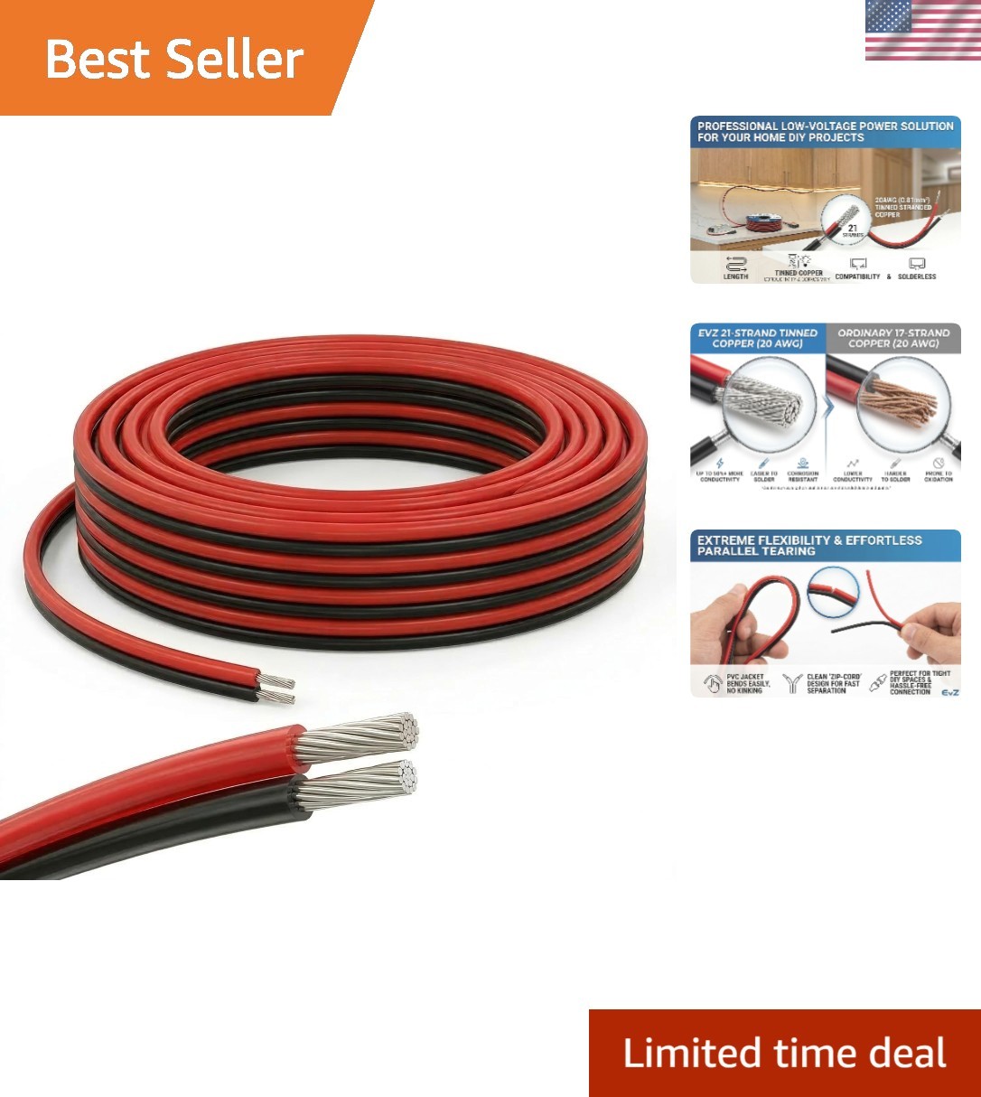 Versatile 20 AWG 2-Conductor Electric Cable - 66ft for Single Color LED Lighting