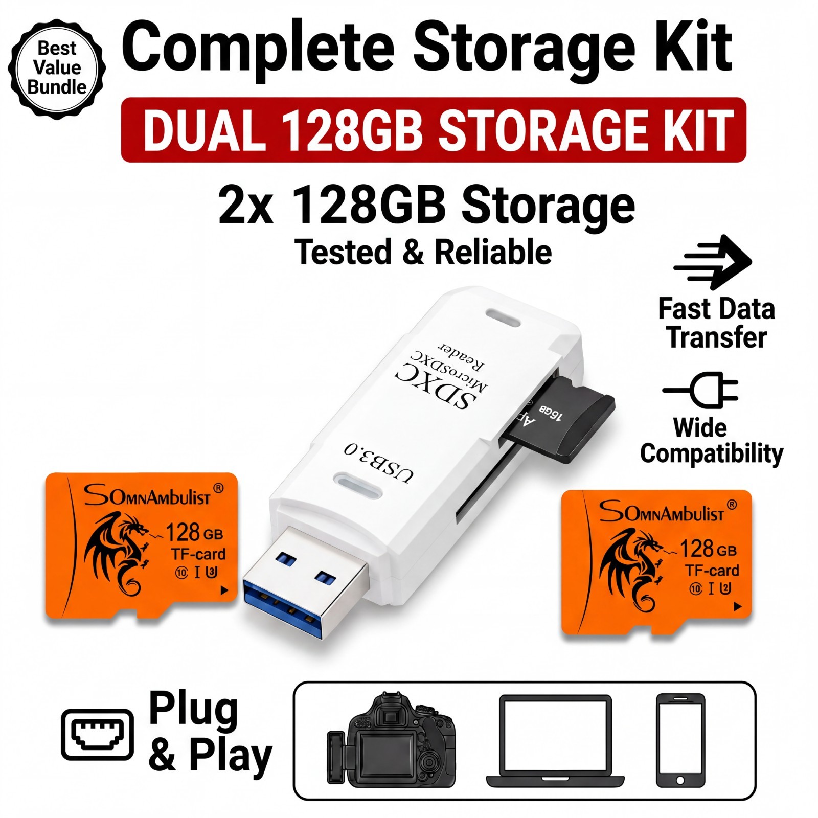 SomnAmbulist 2x 128GB MicroSDXC Memory Card USB 3.0 Reader Bundle Class 10