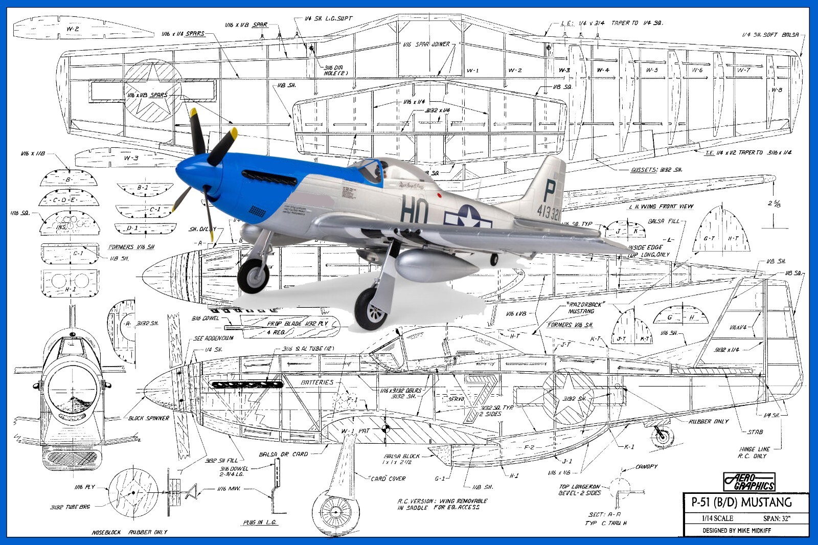 Aerographics Model Airplane Plans (FF-RC): P-51 (B/D) Mustang 32" Scale RP/EP