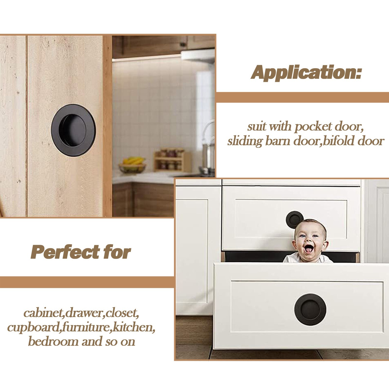 Round Pull Handles 6Pcs Flush Mount Bathroom Kitchen Cabinet Cupboard Set