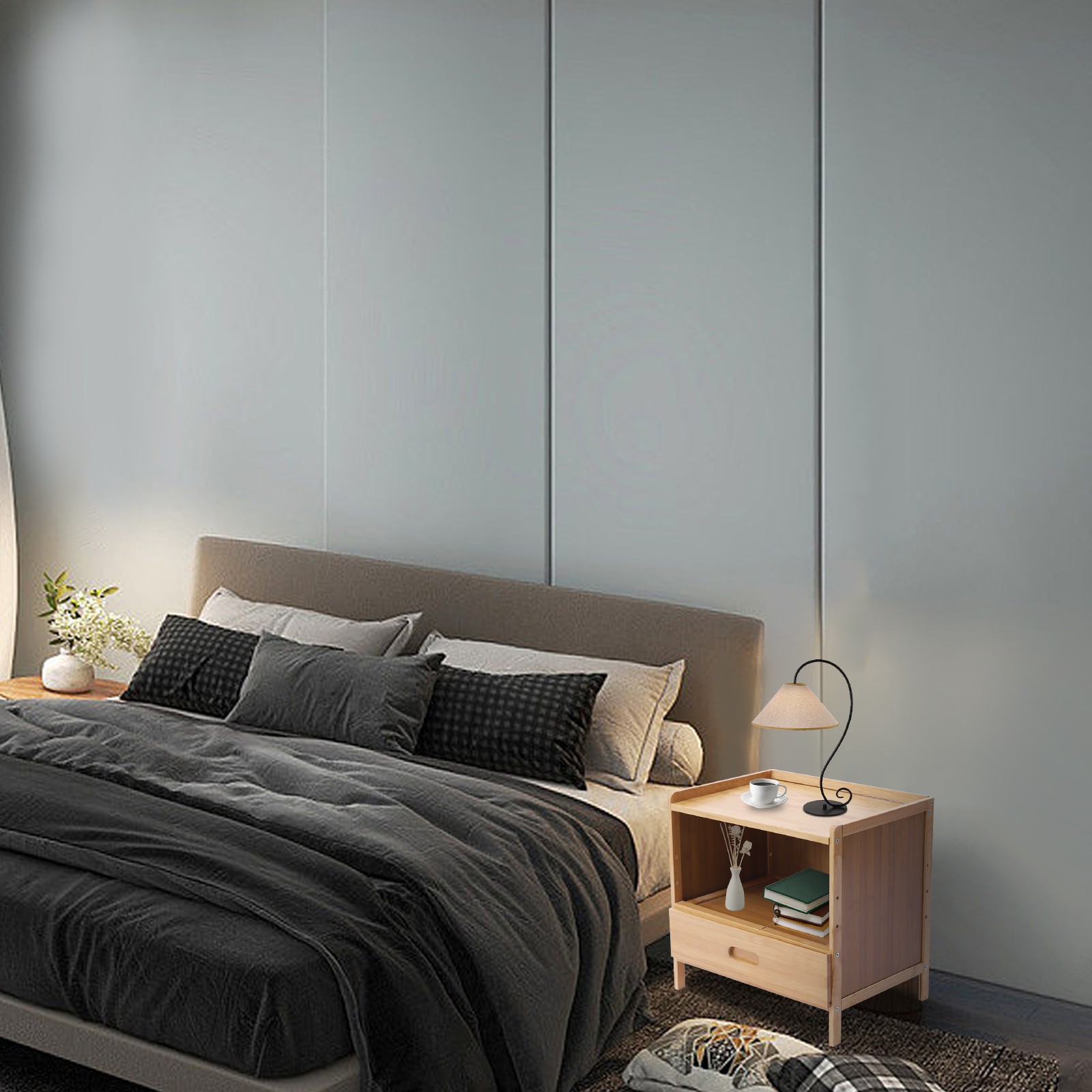 Bamboo Night Stand Bedside Table- Bed Side Table with Drawers, Small Nightstand