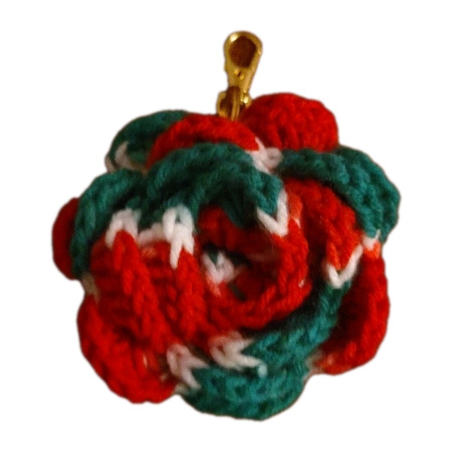 Rose Crochet Keychain Handmade Christmas Seasonal Holidays Red Green White