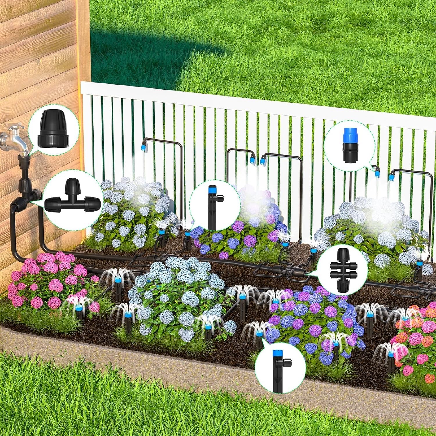Efficient Garden Watering System with Quick Connector Technology and Nozzles