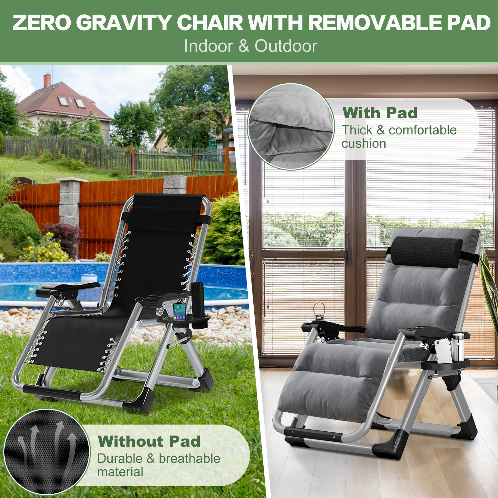 NAIZEA Zero Gravity Chair Reclining Lounge Chair w/Pad & Headrest Padded Armrest