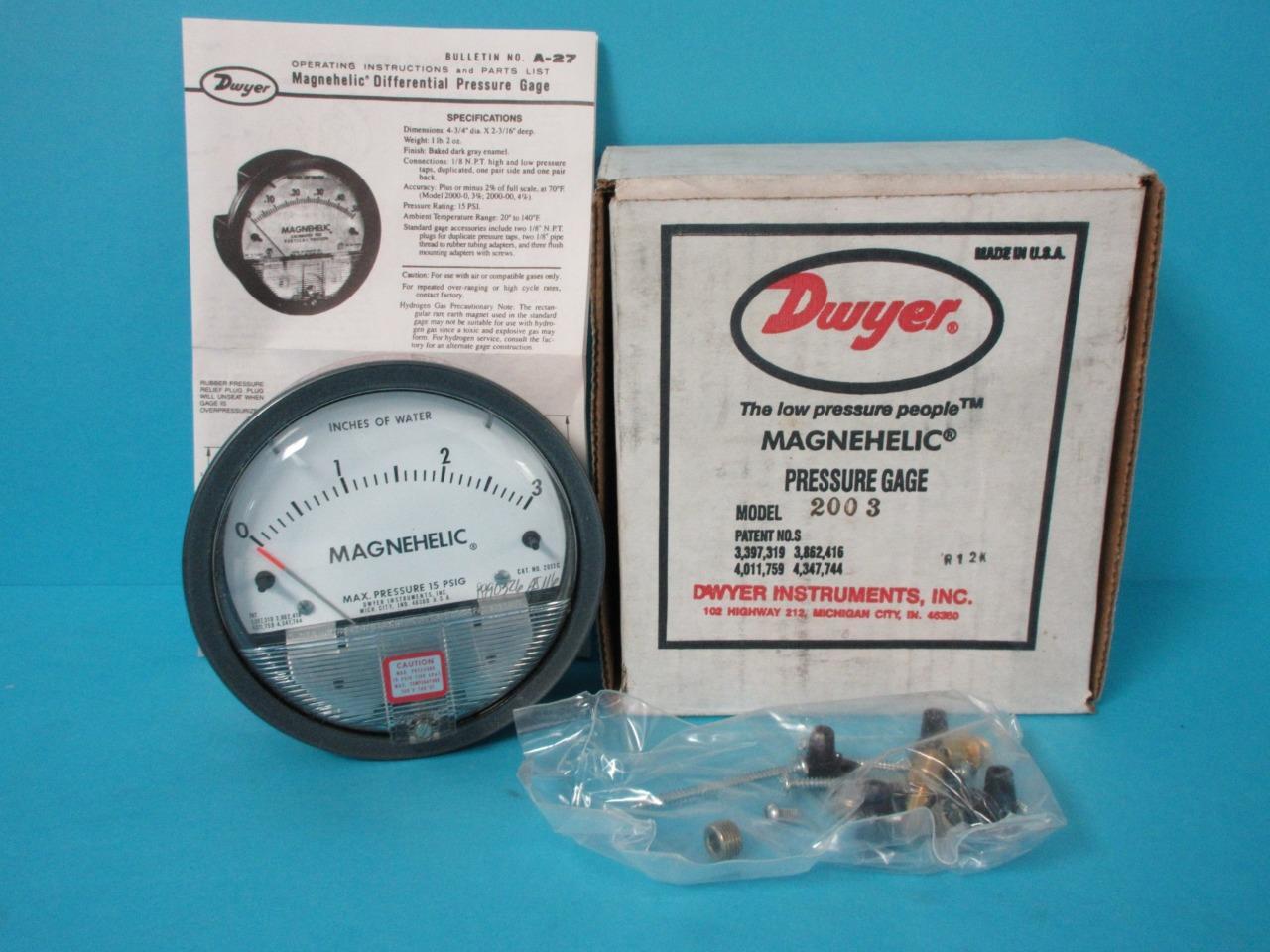 Brand New Dwyer Magnetic Pressure Gauge Gage Model 2003 3" of Water 15PSIG