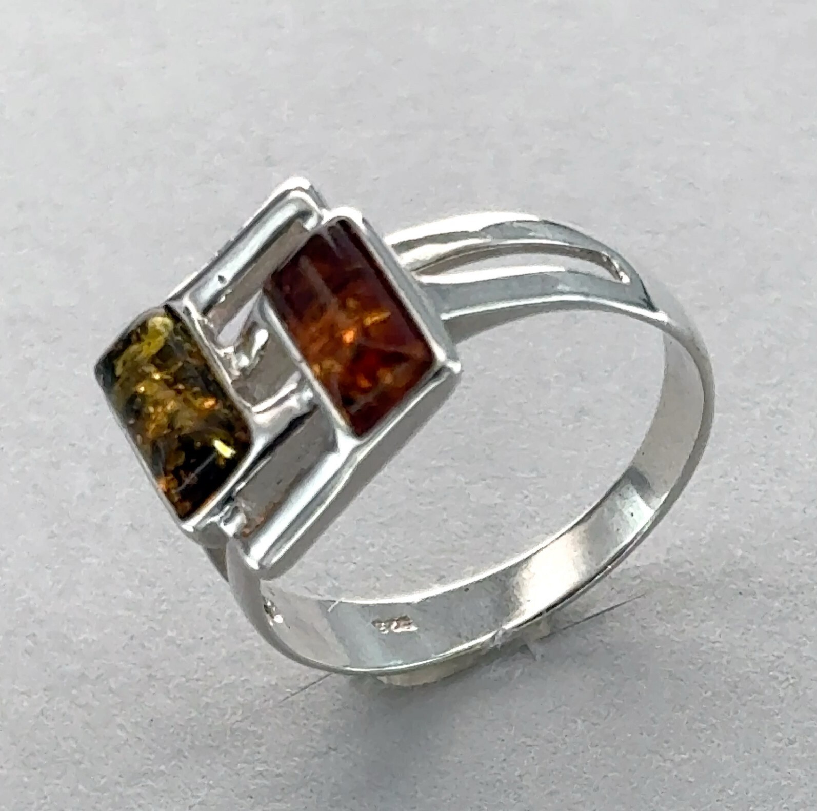 Twin Multi-Color Square Rectangle BALTIC AMBER Ring - 925 STERLING SILVER #36e