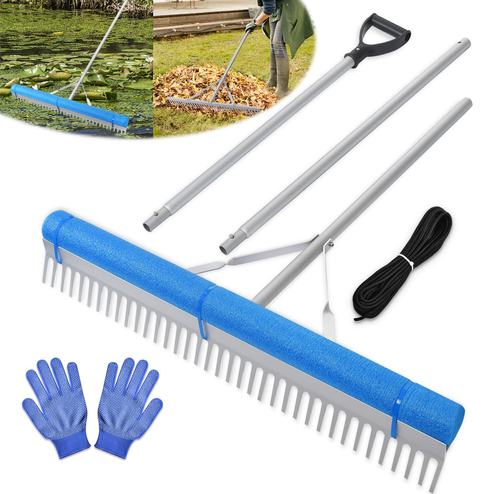 Floating Lake Rake, Leaf Collector for Gardening, 36" Aluminum Landscape Rake...
