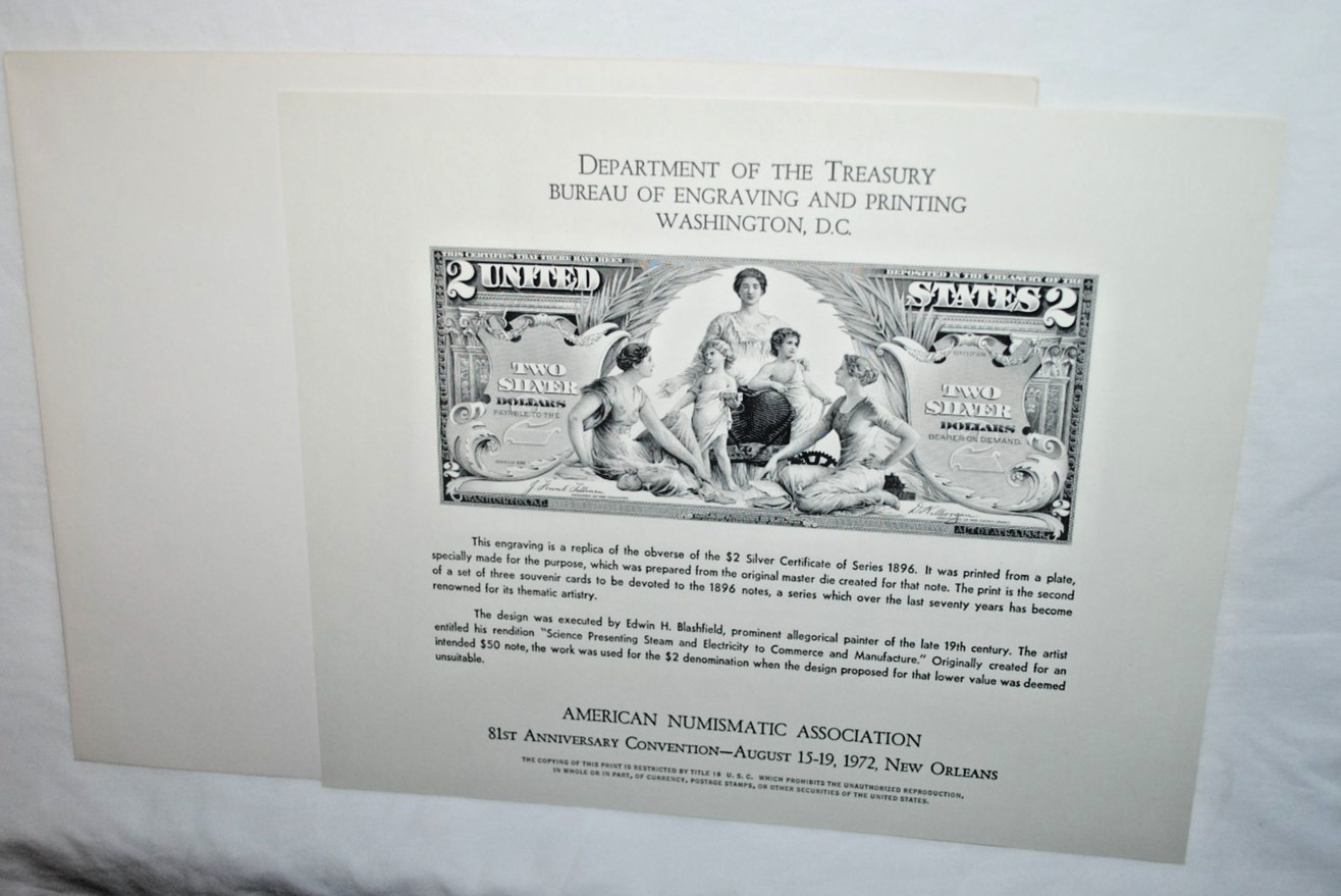 1972 Dept of Treasury, Bureau of Engraving souvenir print, $2 Silver Certificate
