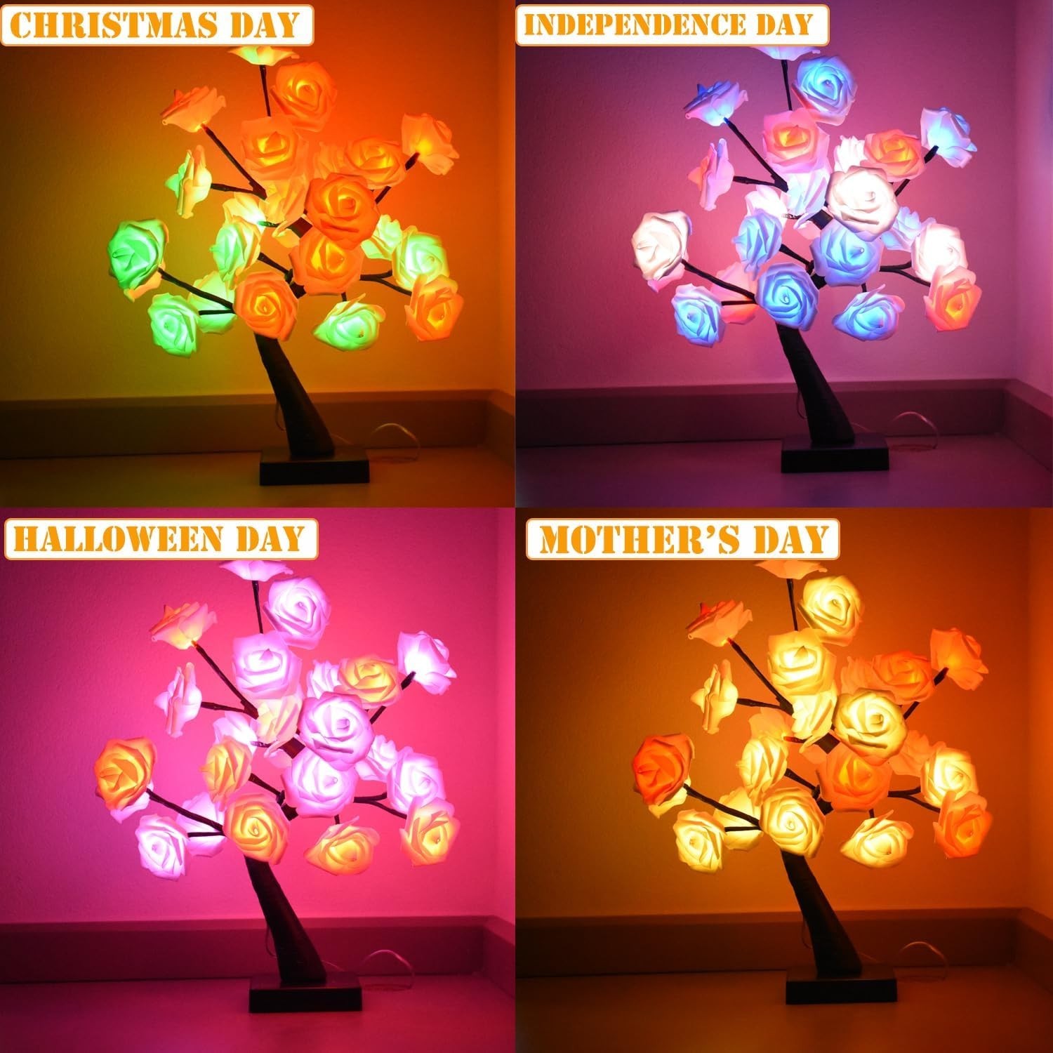 24 LED Rose Tree Lamp,Color Changing Artificial Rose Lamp with Remote,USB..