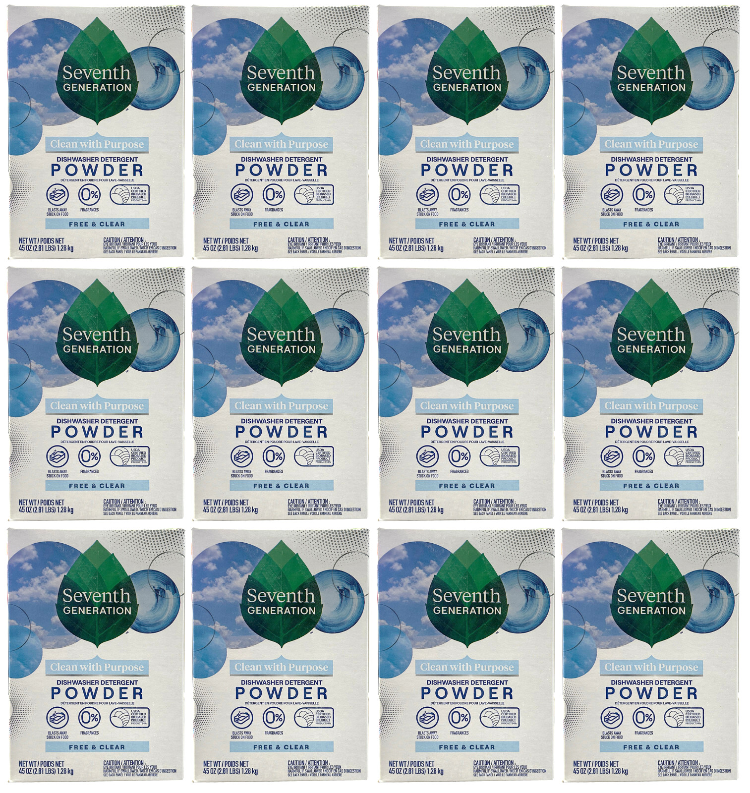 SEVENTH GENERATION (12 PACK, 45 oz) Free & Clear Dishwasher Detergent Powder NEW