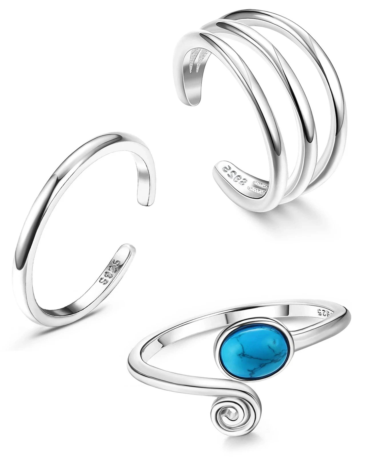 3Pcs Sterling Silver Toe Rings for Women Adjustable Band Rings Knuckle Rings ...