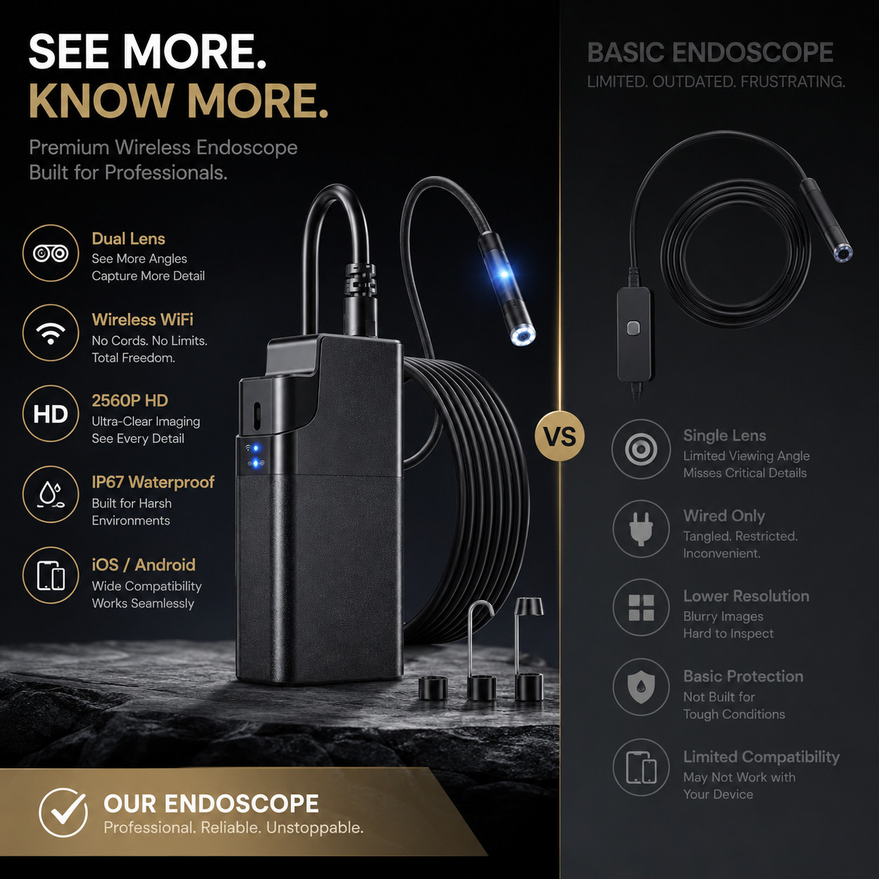 2560P HD Endoscope Inspection Camera Borescope Snake Waterproof 16.4FT