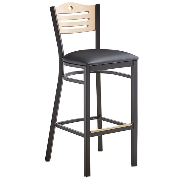 Slat Back Metal Restaurant Barstool with Black Vinyl Seat & Natural Wood Back