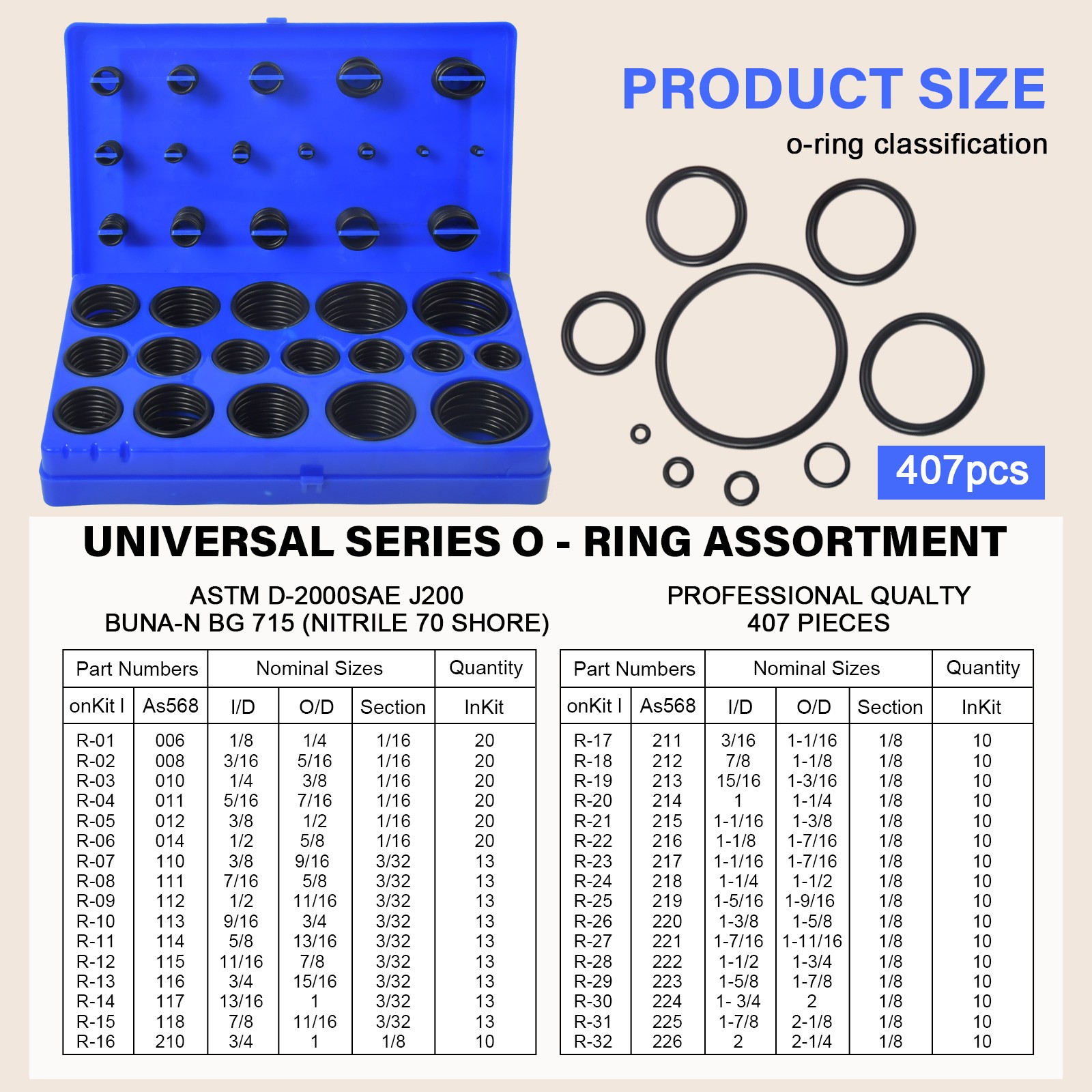 826 PCS Universal O Ring Assortment Set Metric Oil Proof Kit 64 Size O-Ring Case