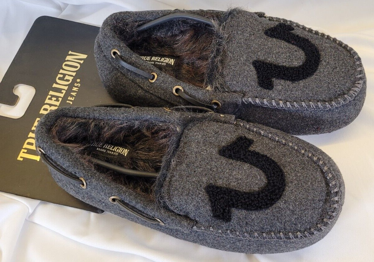 True Religion Men's Moccasin Slippers, Small 7-8, Gray with Logo FREE SHIPPING