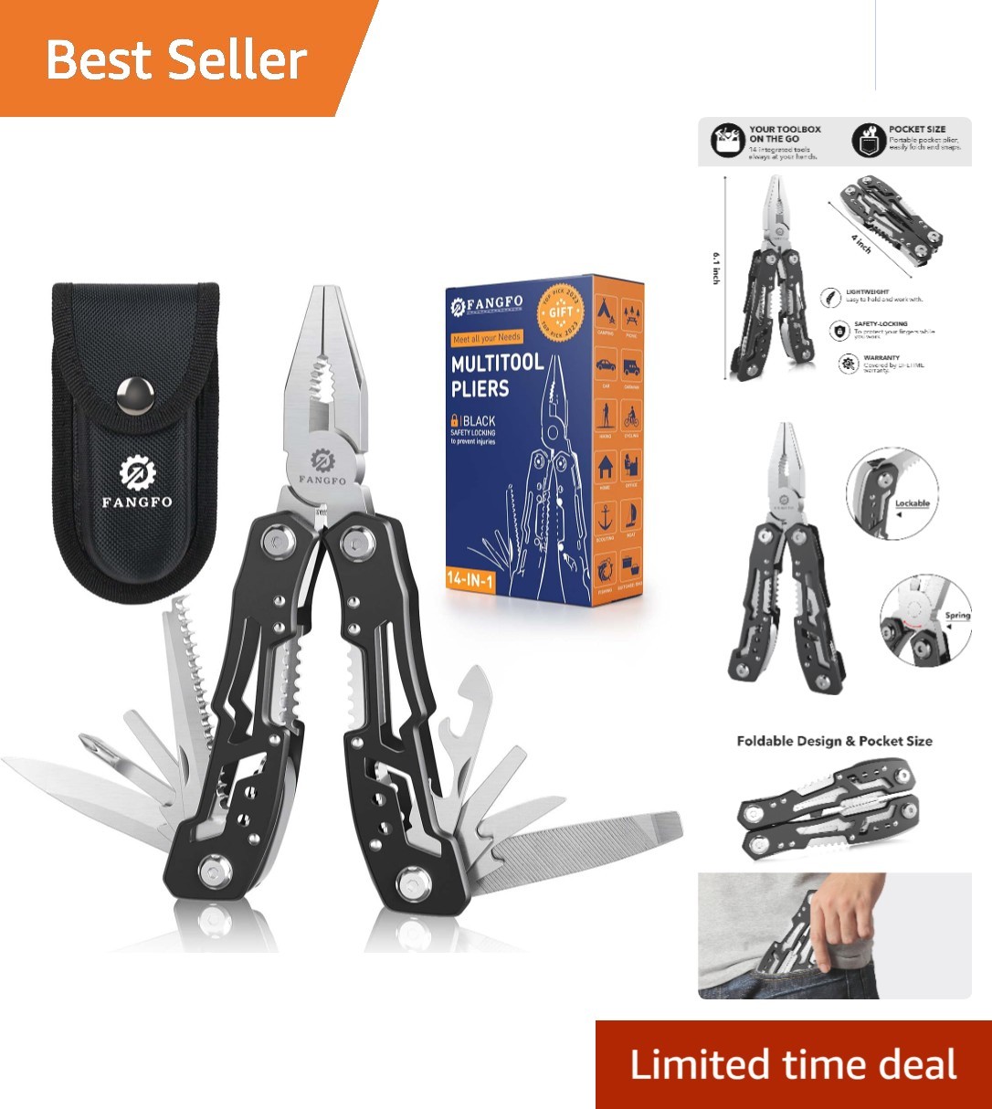 14-In-1 Stainless Steel Multitool with Safety Lock for Camping and Survival