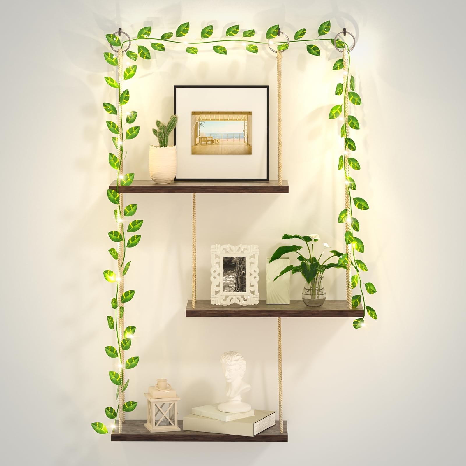 Hanging Shelves for Wall, 3 Tier Boho Wall Decor Hanging Shelf with Vine Ligh...