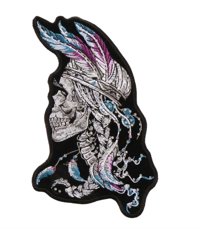 7" FEATHERS INDIAN STONES  SKULL BIKER EMBROIDERED PATCH