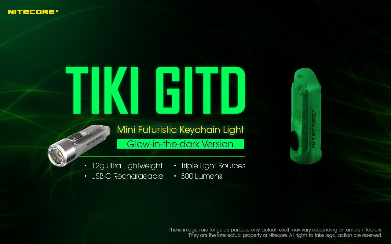 NITECORE TIKI GITD 300 Lumen USB-Keychain Flashlight UV/High CRI LED + USB Cable