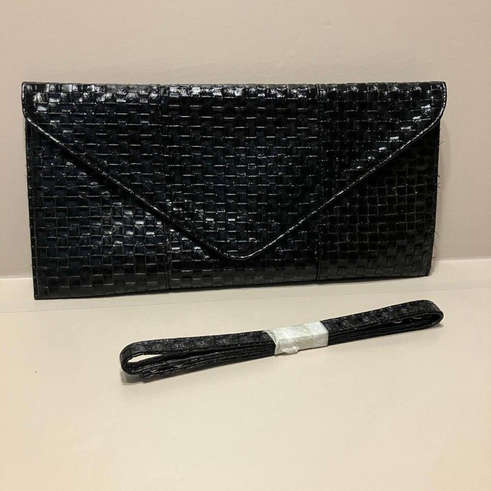 Lulu Townsend Black Faux Leather Woven Clutch Handbag