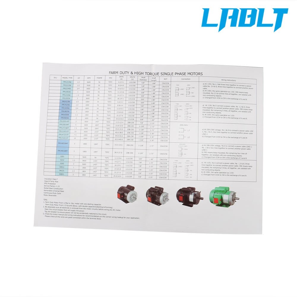 LABLT Electric Motor 2 HP Three Phase 56C Frame 1800 RPM TEFC 230 / 460 Volt