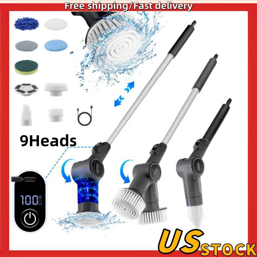 9 Heads Electric Spin Scrubber Cordless Bathtub Power Scrubber Cleaning Brush