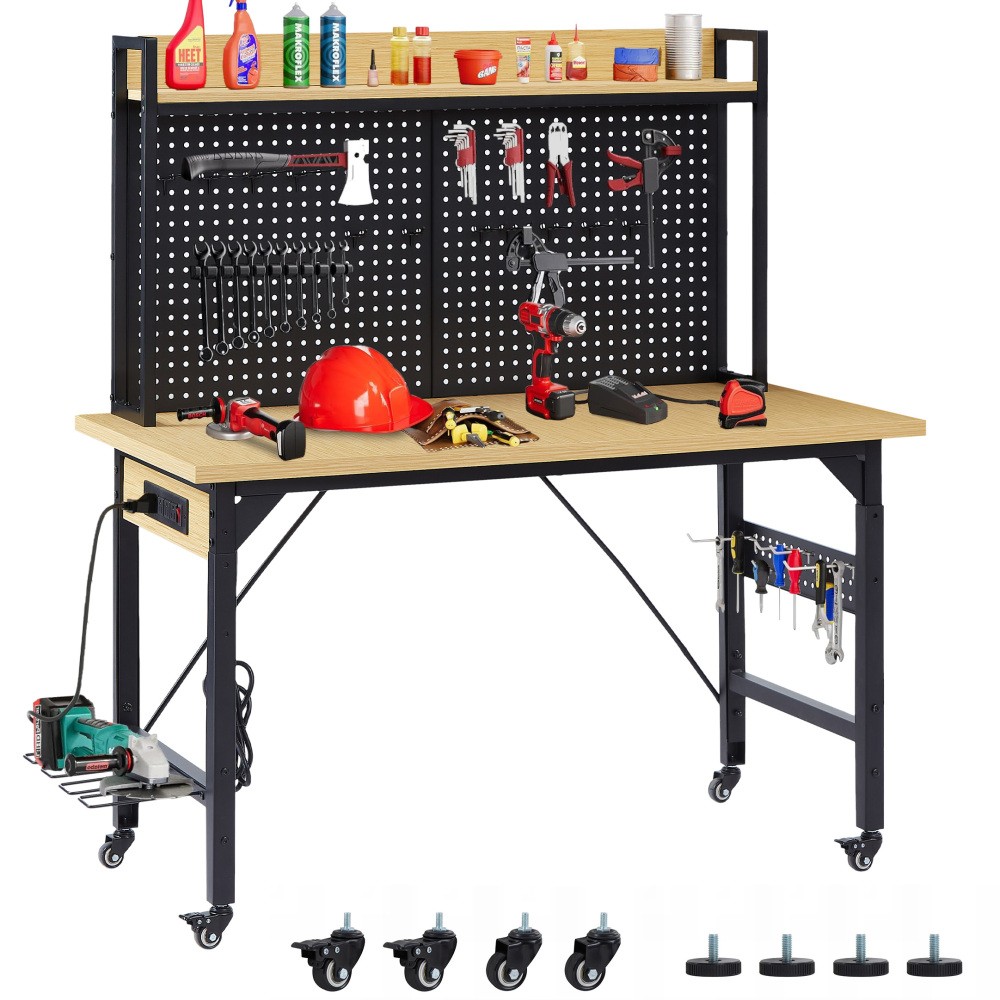 48" Adjustable Rolling Workbench Pegboard 1600lb AC/USB Shelf