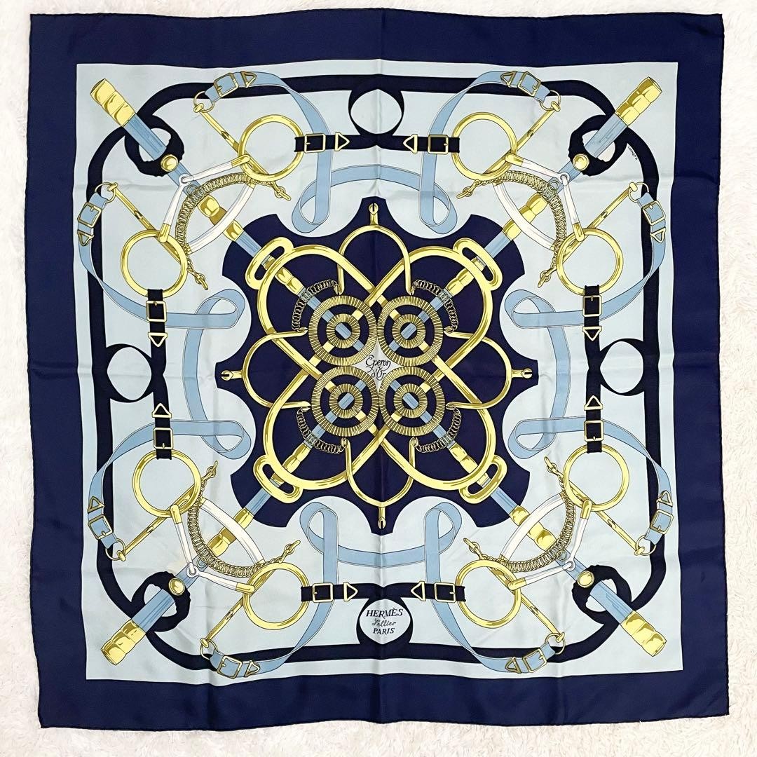 Hermes Large Scarf Carre90 Eperon D'Or Gold Blue
