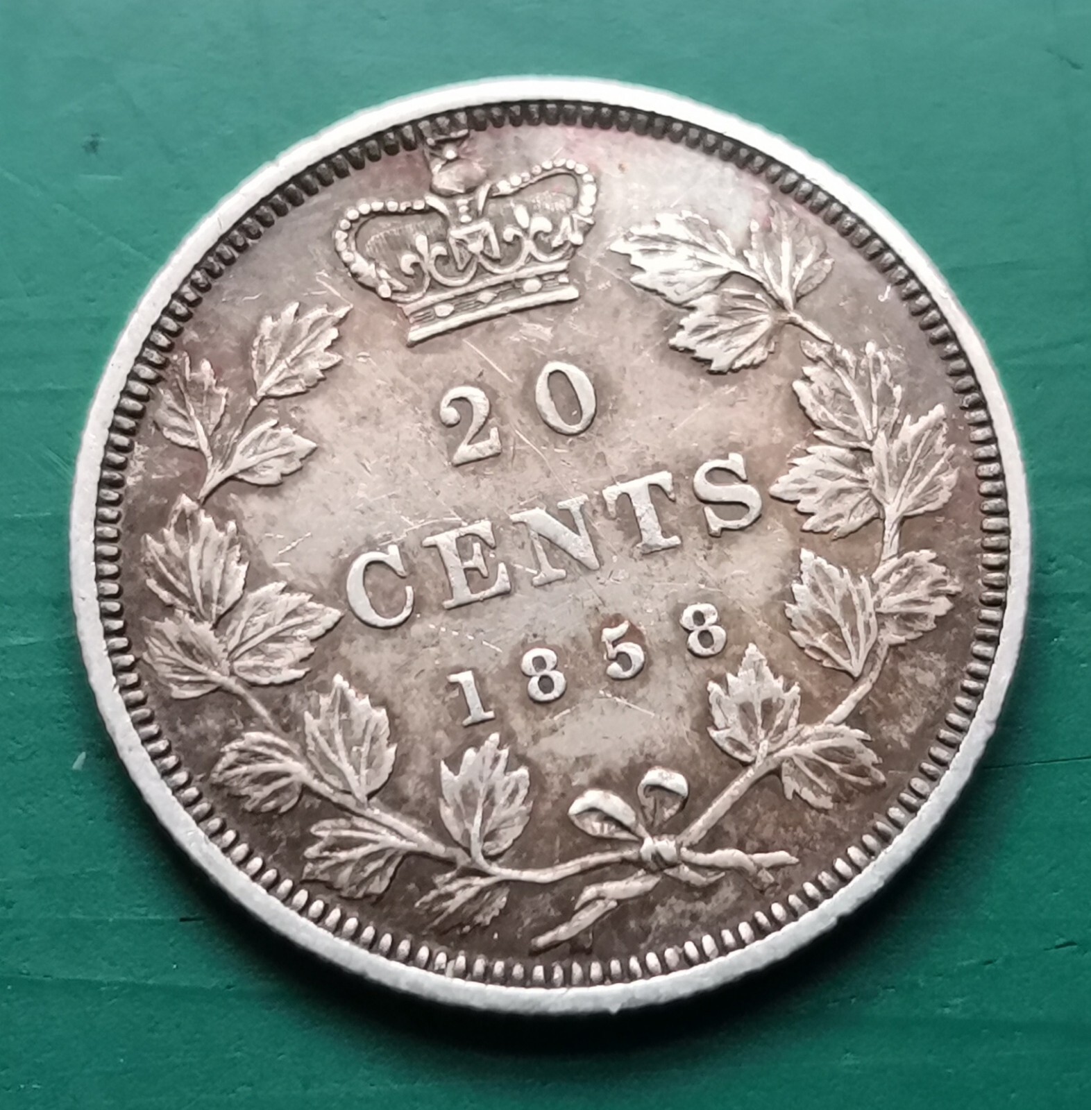 1858 Canada silver 20 cents coin mintage 730,392 - slightly bent & dented  #1093