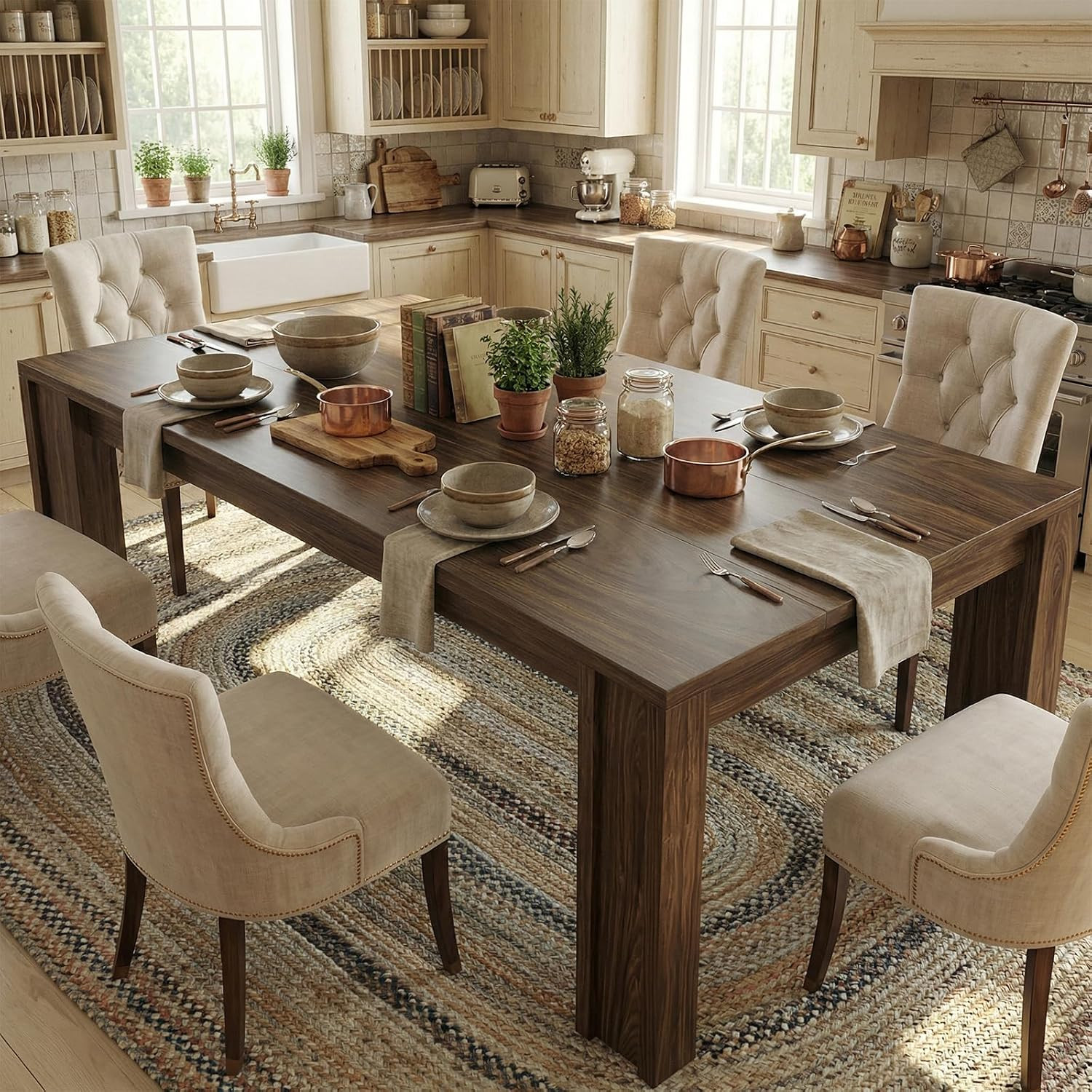 71" Long Dining Table for 6-8, Farmhouse Rectangular Wood Kitchen Table with Wid