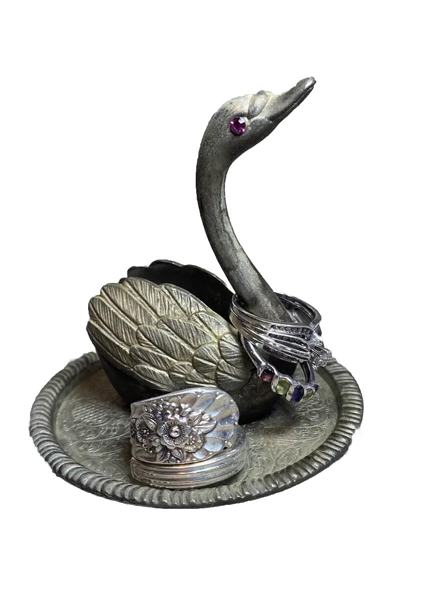 Vintage Mid Century Modern Swan Ring Holder Trinket Dish 3” Jeweled Eyes Hong K.
