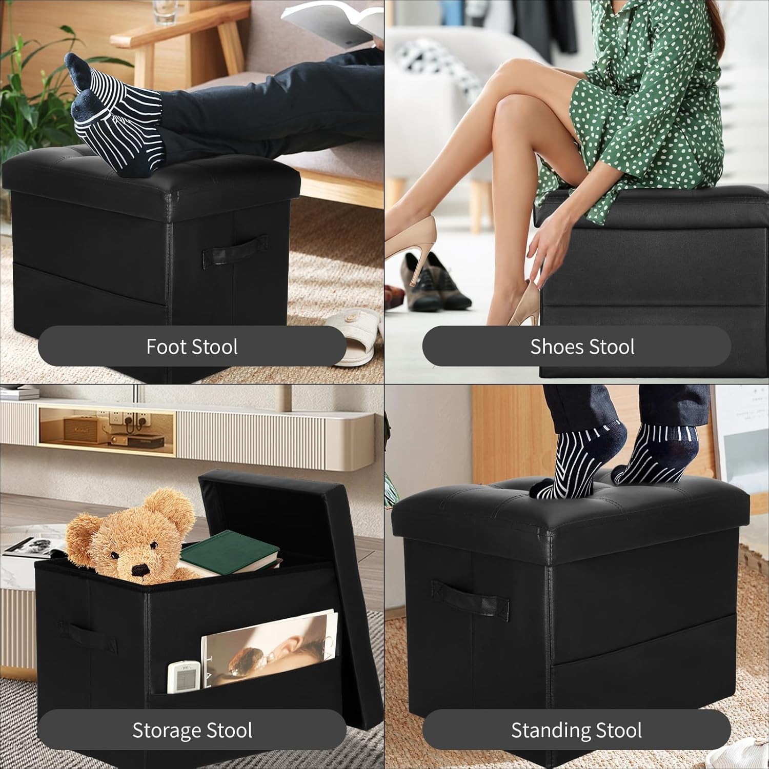 Storage Ottoman Foot Rest Stool with Thicker Foam Padded Seat Foldable Leather