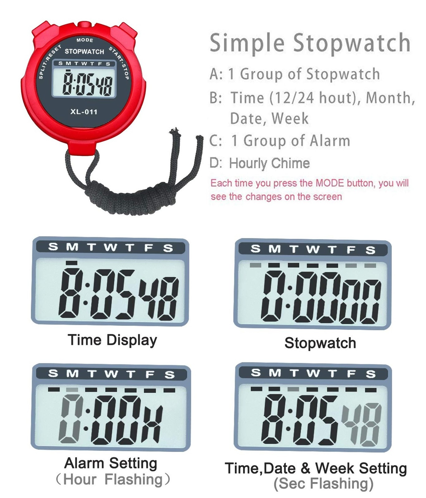 Digital Stopwatch, Large Screen Handheld Count Up Timer with Time Calendar Cl...