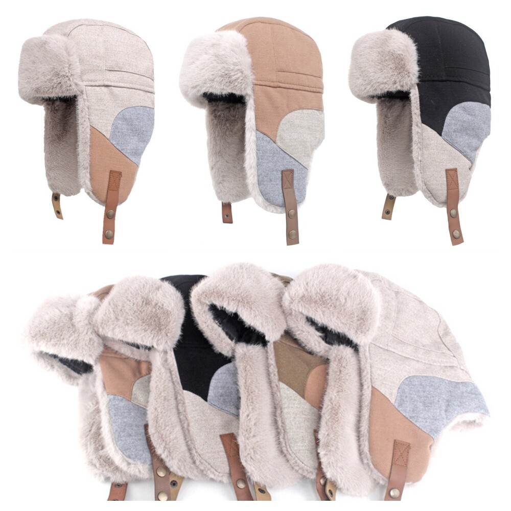 Women Patchwork Earmuffs Trapper Cap Wind Proof Ski Plush Thick Warm Driving Hat