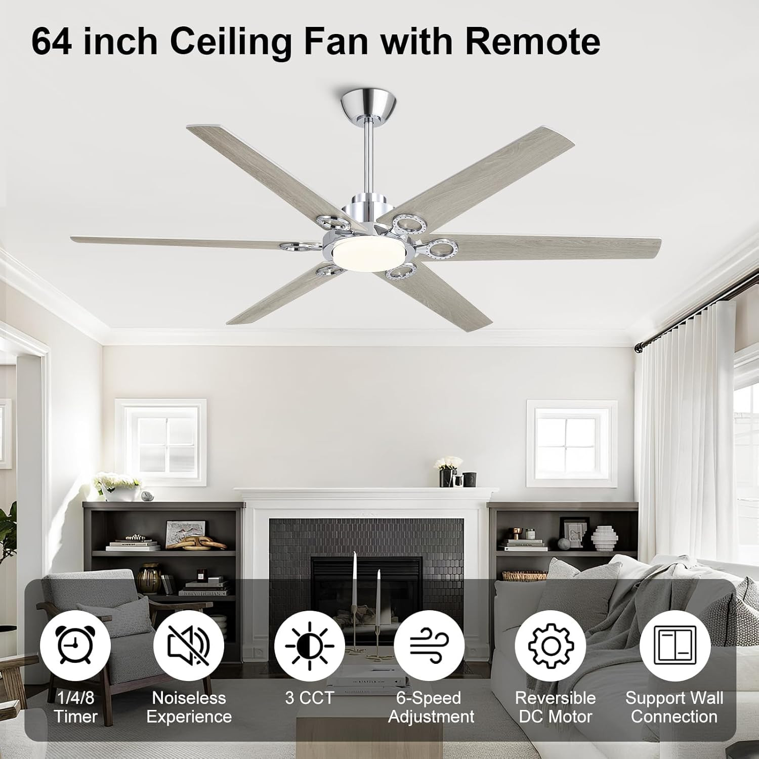 64" Modern Ceiling Fan with Remote, Dimmable Light & 6-Speed Motor
