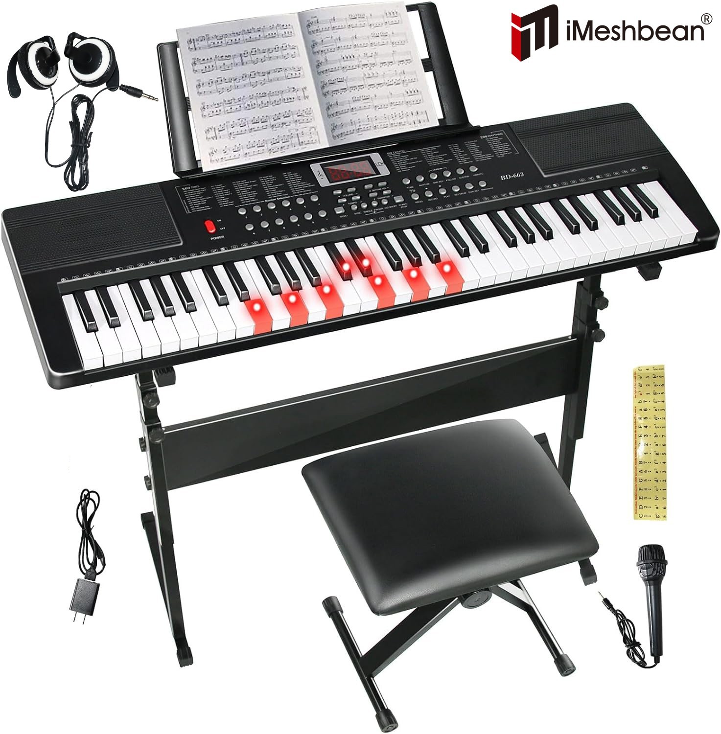 61 Key Digital Light Up Music Piano Keyboard Headphones Microphone w/Piano Stand