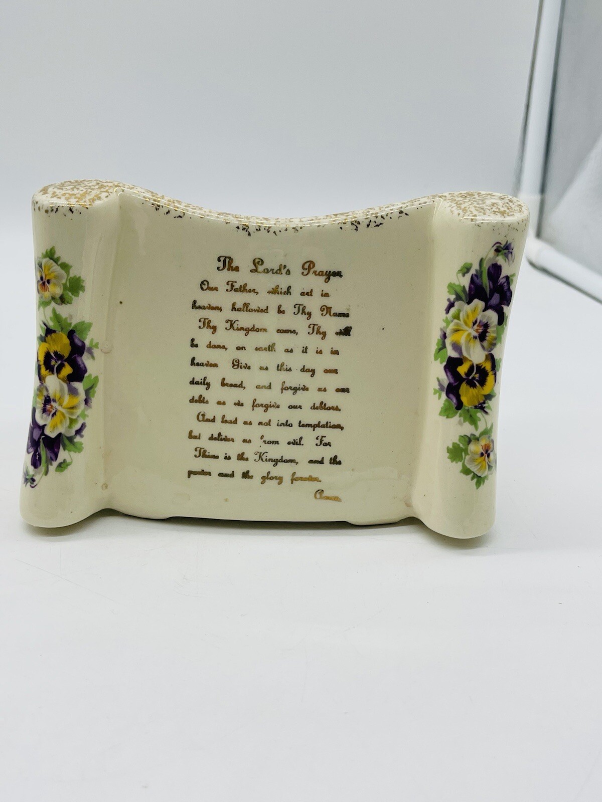 Vintage planter Scroll With Passage Written In 24k Gold Made In USA Lords Prayer
