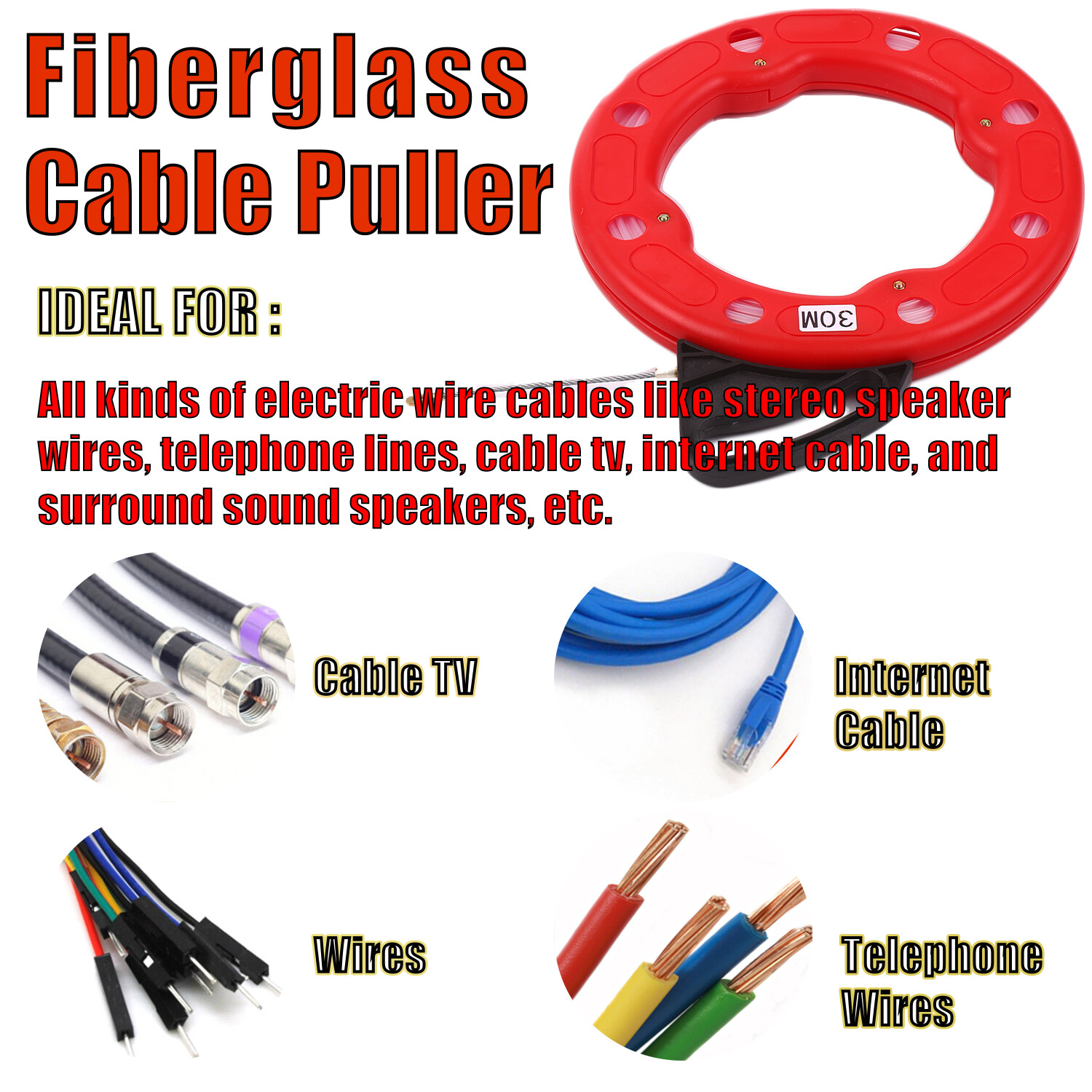 30M Fiberglass Fish Tape Reel Puller Conductive Electrical Cable Puller Pipe