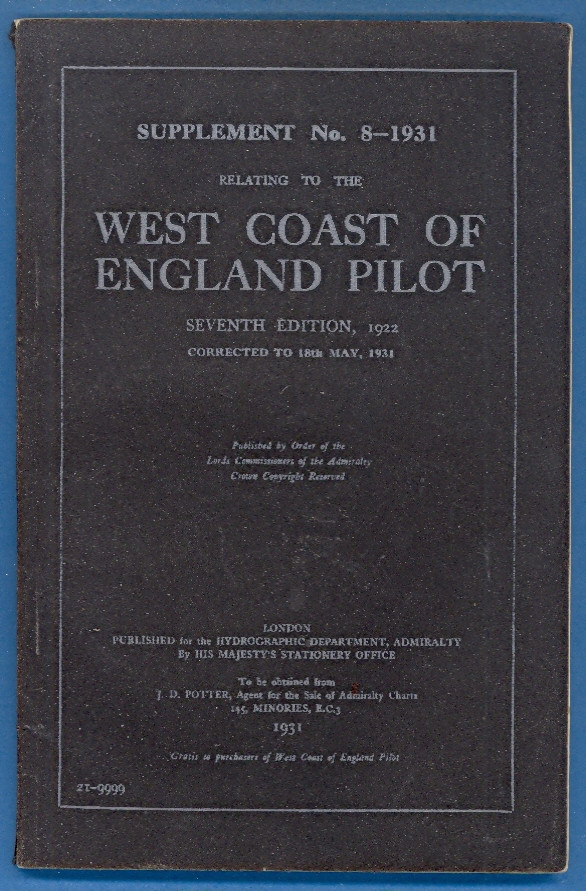 WEST COAST OF ENGLAND PILOT Supplement No 8 1931s 2084