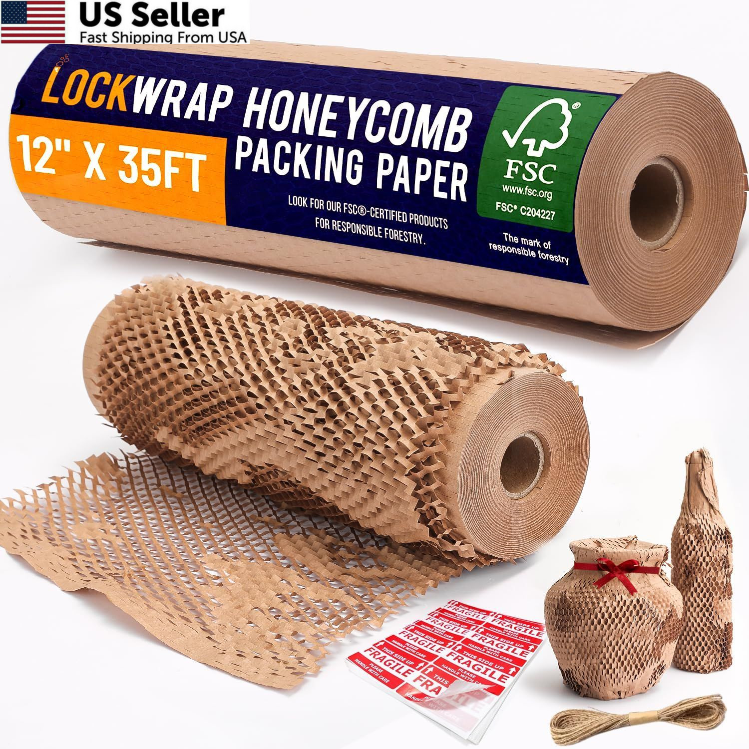 Honeycomb Packing Paper 12" x 35ft with Rope & 20 Fragile x 35ft, Brown
