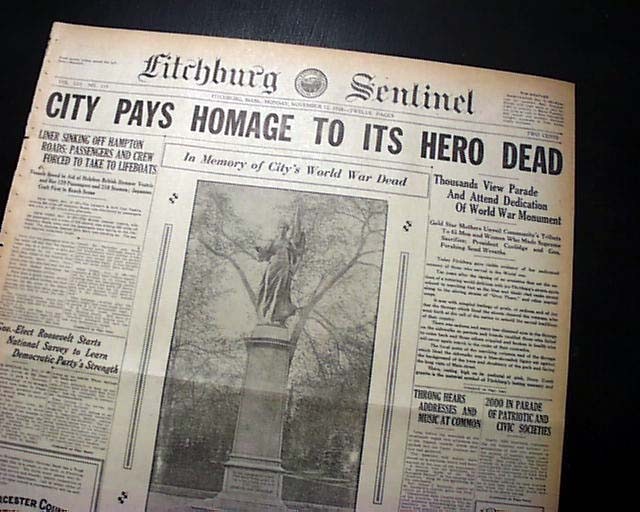 Best FITCHBURG MASSACHUSETTS World War Memorial Statue Dedication 1928 Newspaper