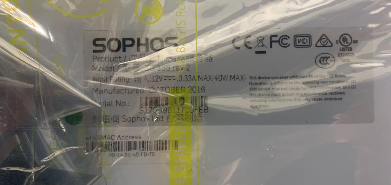 Sophos SG-135 Rev 2 UTM Firewall Security Appliance 8-Port - Power Adapter